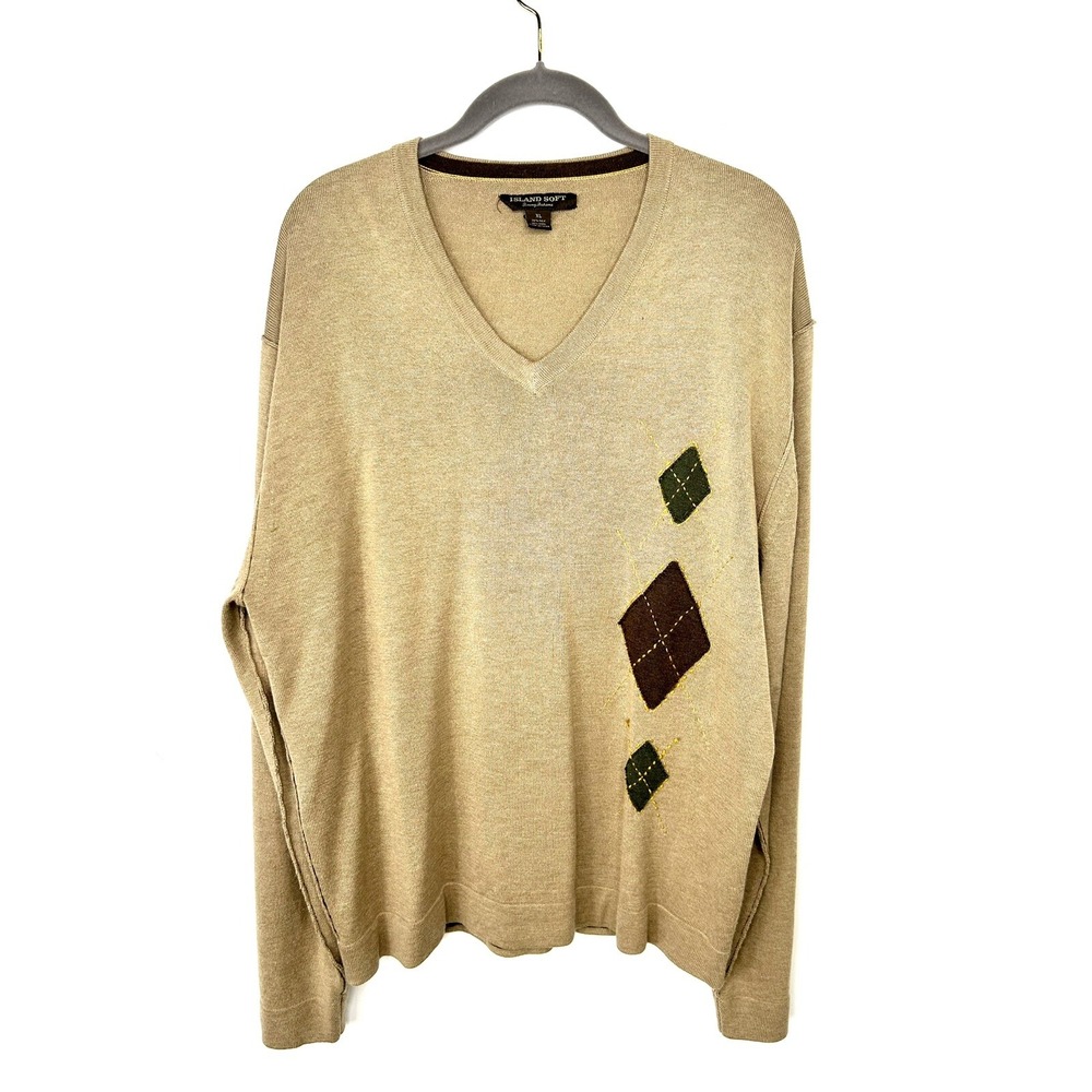 Island Soft Tommy Bahama Beige Mens Pullover V Neck Sweater Silk Wool Sz XL